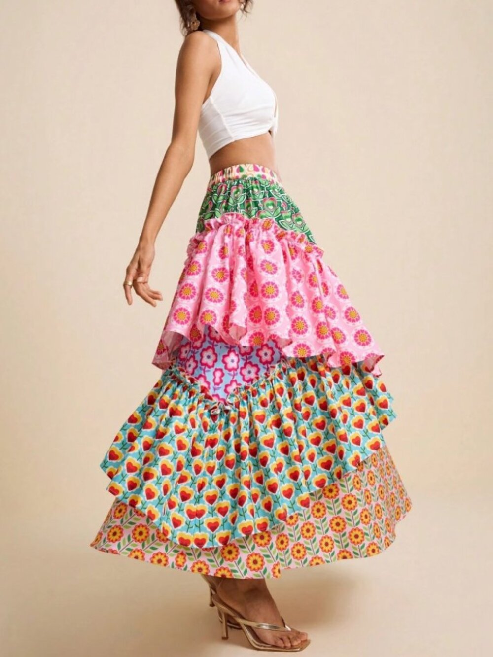 Pink Mixed Floral Tiered Ruffle Maxi Skirt - Picture 5 of 6